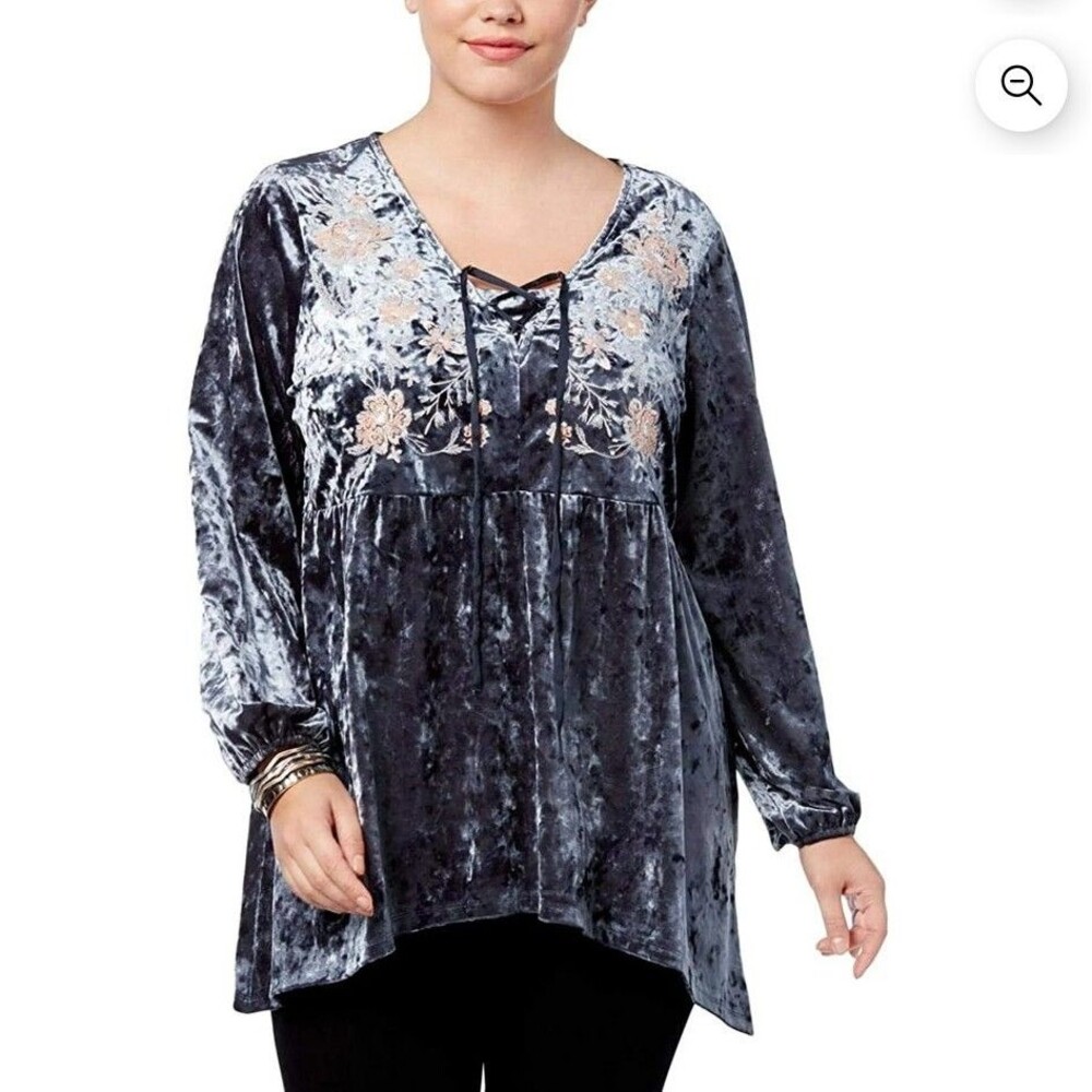 Embroidered Floral Lace Up Crushed Velvet Top Size L